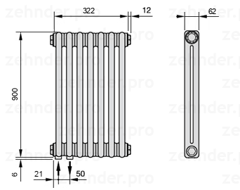 Схема (чертеж) Радиатор Zehnder Charleston 2090/7 №3370 Белый глянцевый RAL 9016